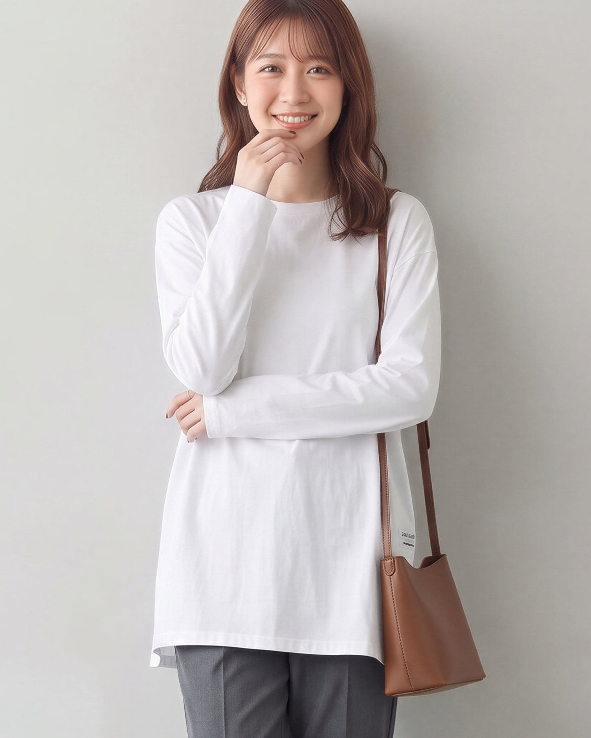ゆったりドロップショルダー スリット入り長袖Tシャツ-ホワイト-2XL
