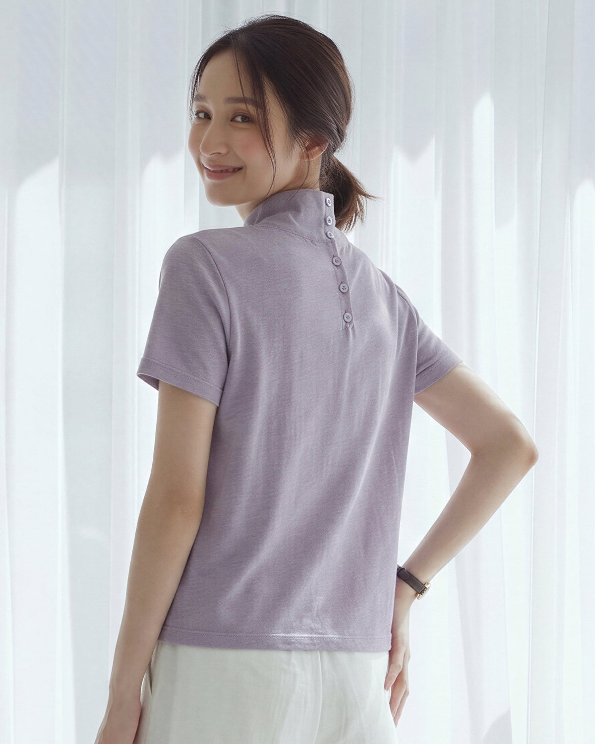 スタンドカラーボタン付きスリムTシャツ-ライトパープル-L