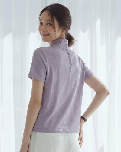 スタンドカラーボタン付きスリムTシャツ-ライトパープル-L
