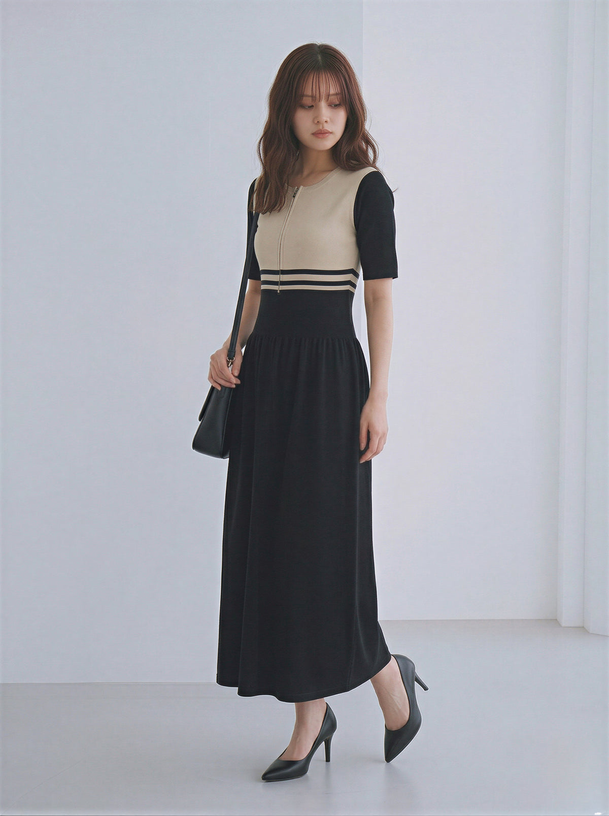 配色切替 フロントジップ ウエストシェイプ Aライン ロングワンピース-ブラック-2XL