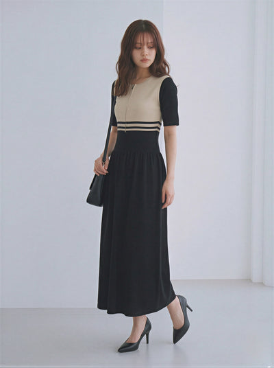 配色切替 フロントジップ ウエストシェイプ Aライン ロングワンピース-ブラック-2XL