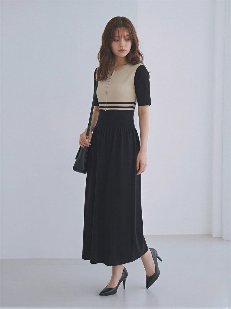 配色切替 フロントジップ ウエストシェイプ Aライン ロングワンピース-ブラック-2XL