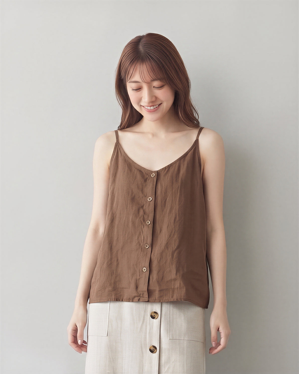 細ストラップ フロントボタン ゆったり キャミソールタンク-キャメル-3XL