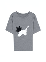 コットン素材、ネコ！子猫刺繍半袖Tシャツデザイン感ゆったりトップス