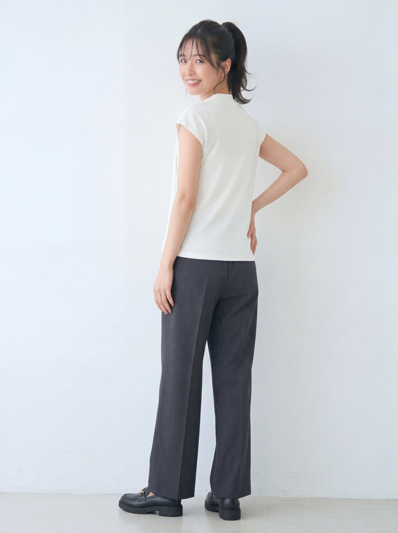ラウンドネック＆リボンデザイン すっきり見え半袖Tシャツ