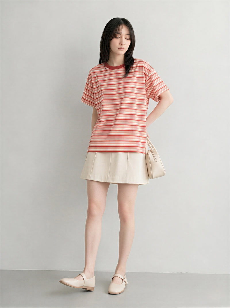 レッドボーダー ルーズ ドロップショルダーTシャツ