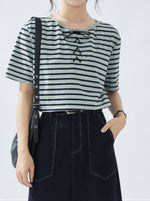 ボーダー リボン付き クルーネック 半袖Tシャツ