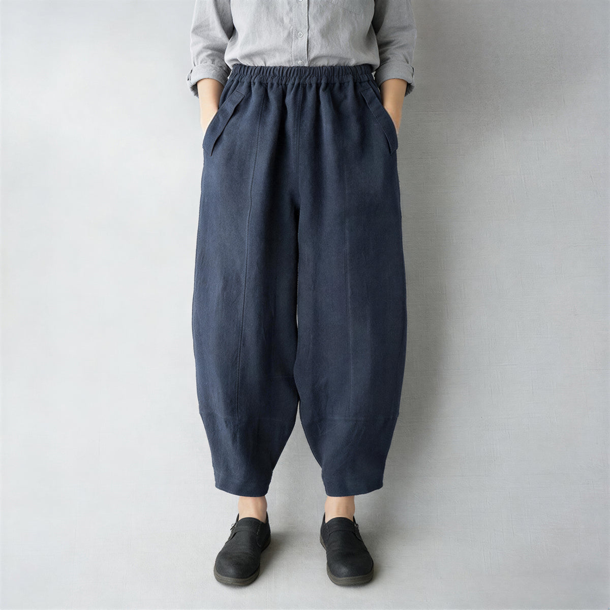 ウエストゴム ゆったり立体ハーレムパンツ-ダークブルー-5XL