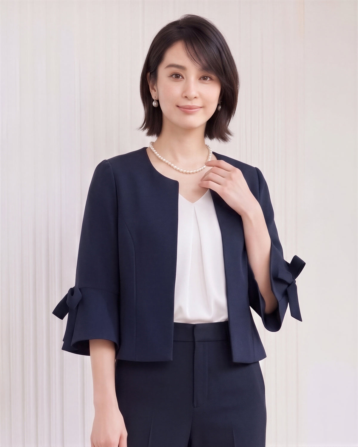 【秋新作】【全3色】S~2XL ラウンドネック フリルスリーブ リボン付き テーラードジャケット