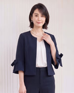 【秋新作】【全3色】S~2XL ラウンドネック フリルスリーブ リボン付き テーラードジャケット