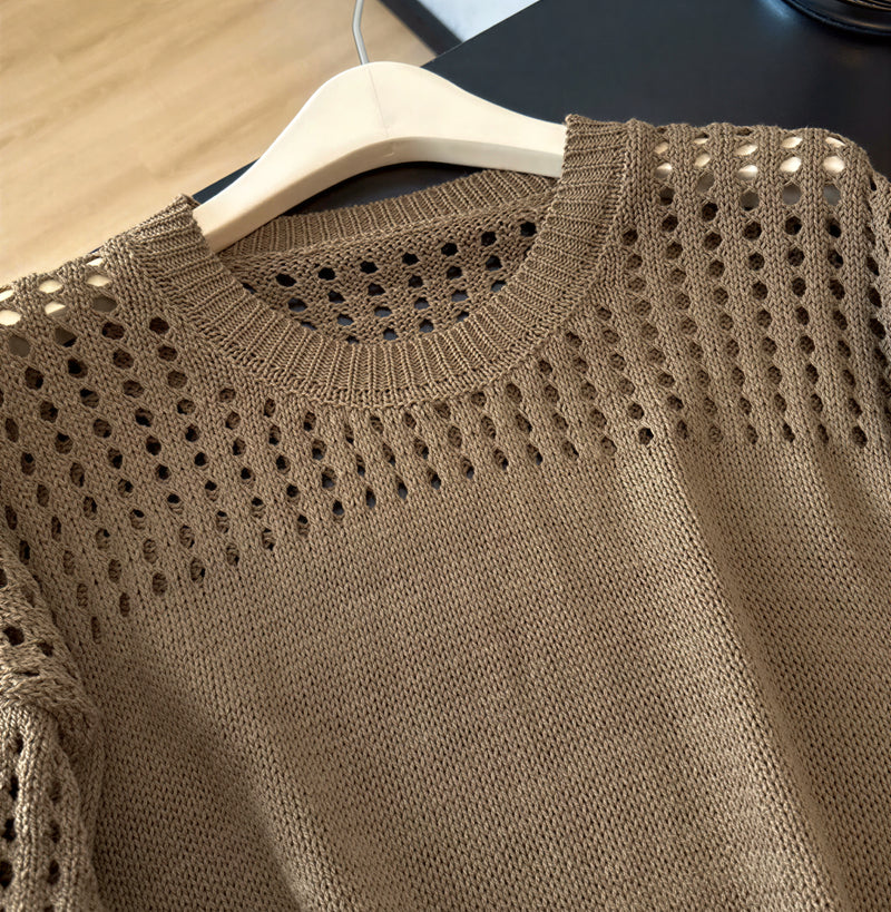 【秋新作】S~XL 透かし編み切り替えクルーネックニット