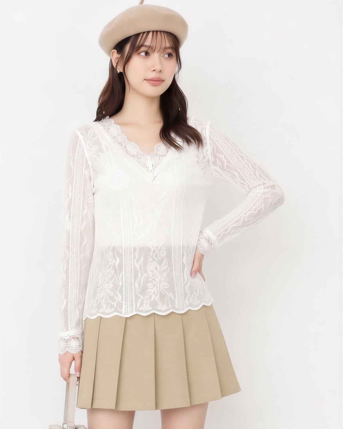 Vネック まつげレース スリムレーストップス-ライトベージュ-2XL