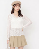 Vネック まつげレース スリムレーストップス-ライトベージュ-2XL