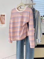 【秋新作】S~XL ライトピンク 細ボーダー クルーネック 長袖Tシャツ