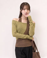 S-XL 斜めカット ホルターネック オフショルダー フェイクレイヤードTシャツ