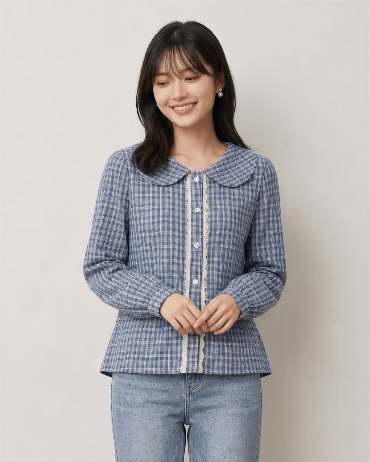 S-XL ライトブルーチェックのドールカラーウエストシェイプシャツ