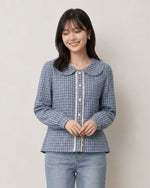 S-XL ライトブルーチェックのドールカラーウエストシェイプシャツ