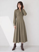 ウエストマークVネックプリーツワンピース-カーキ-XL