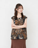 M~2XL ゆったりAライン裾 プリントノースリーブシャツ