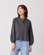 S~XL スタンドカラー ウエストシェイプ バルーンスリーブブラウス