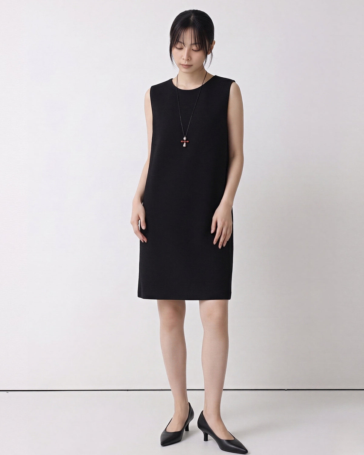 ラウンドネック ストレートシルエット ゆったり ノースリーブワンピース-ブラック-XL