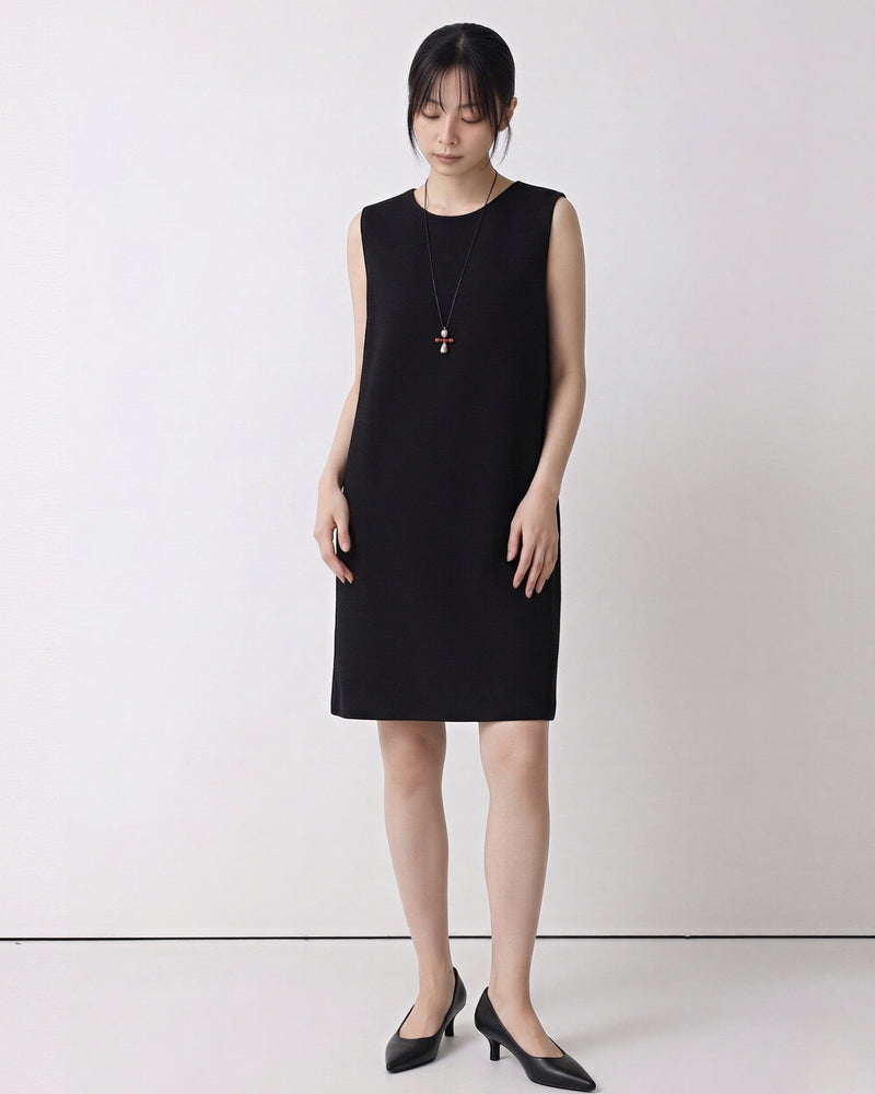 ラウンドネック ストレートシルエット ゆったり ノースリーブワンピース-ブラック-XL