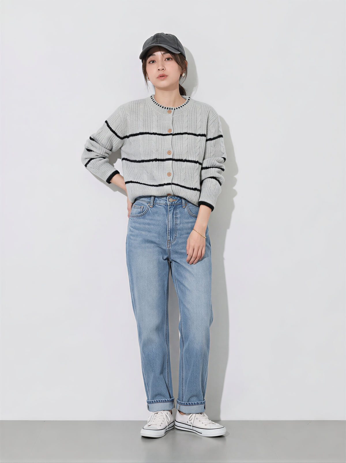 S~XL ラウンドネック ボーダーニットカーディガン