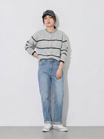 S~XL ラウンドネック ボーダーニットカーディガン