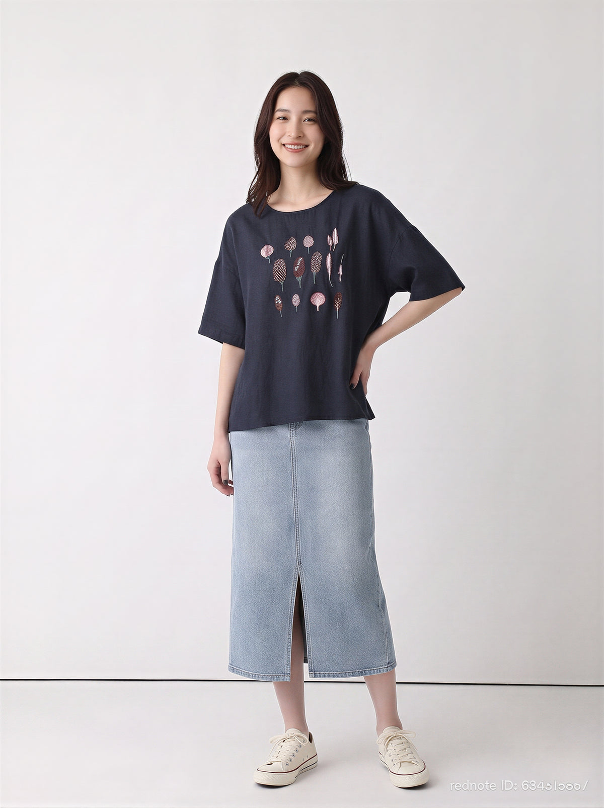 【全3色】M~2XL 刺繍デザイン ゆったり クルーネックTシャツ