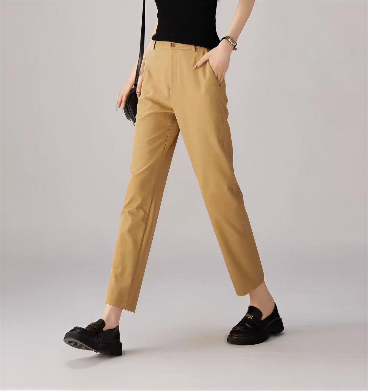 ハイウエスト ストレート 9分丈 シガレットパンツ-カーキブラウン-2XL