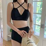 クロスホルターネック ハイウエスト セパレートビキニ水着-ブラック-XL