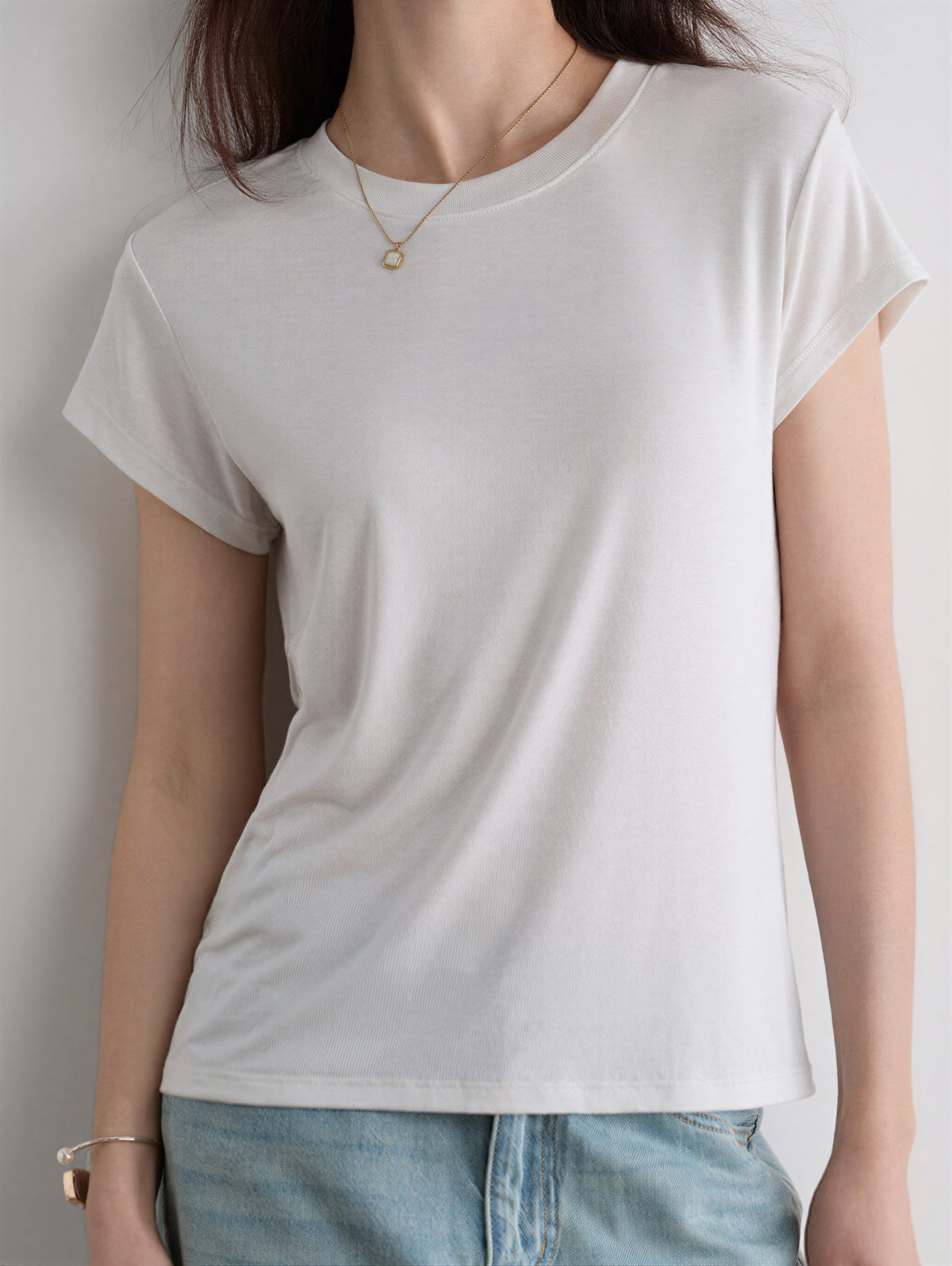 レディース テンセル クルーネック 半袖Tシャツ ベーシック 細身 カジュアル