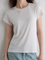 レディース テンセル クルーネック 半袖Tシャツ ベーシック 細身 カジュアル