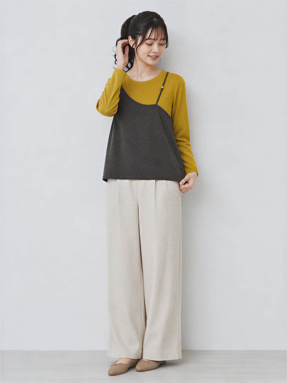 L~4XL レイヤード風 ゆったり アシンメトリー フェイクツーピースTシャツ