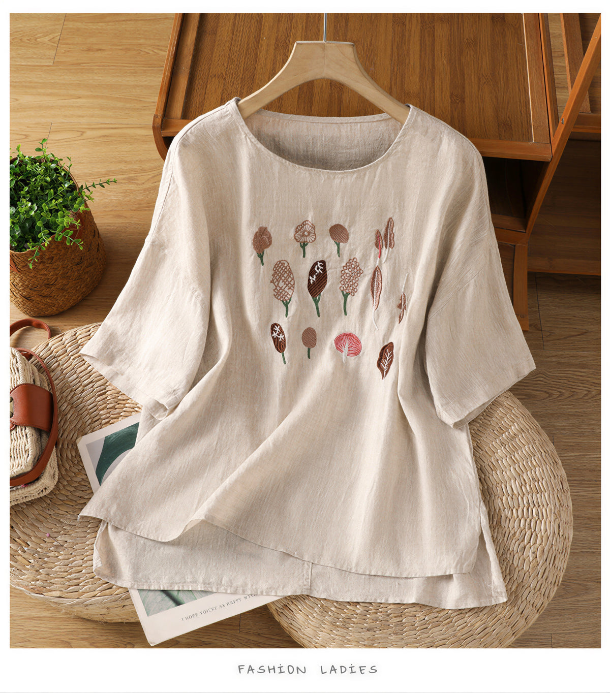 【全3色】M~2XL 刺繍デザイン ゆったり クルーネックTシャツ