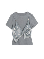 半袖Tシャツ2枚フェイクスカーフ個性的アートキルティングトップス