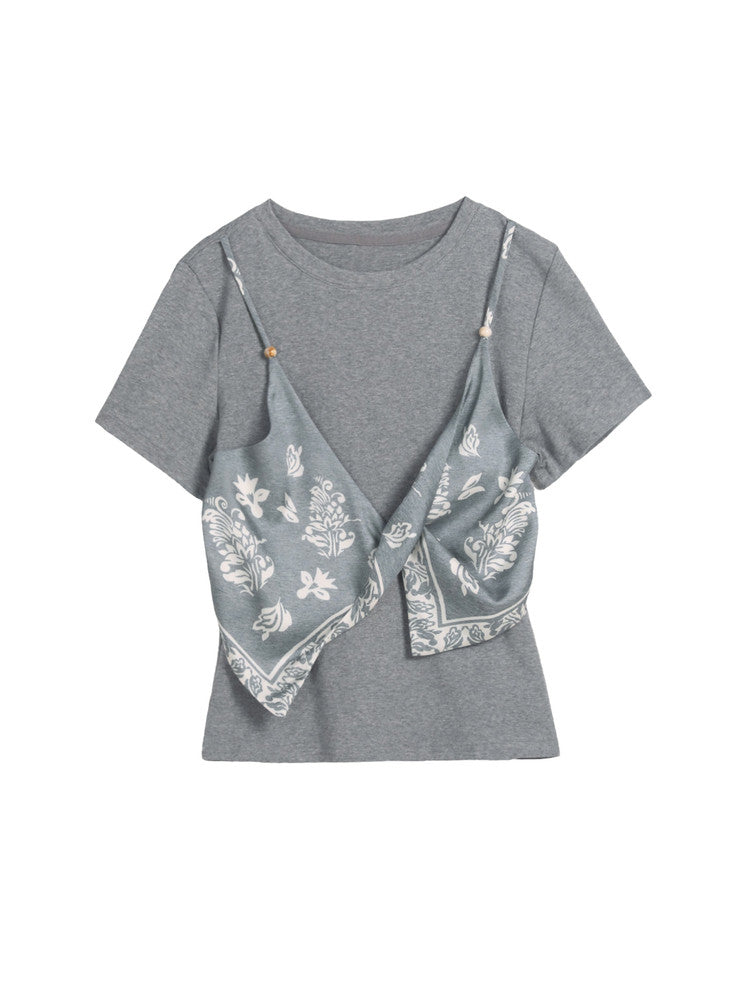 半袖Tシャツ2枚フェイクスカーフ個性的アートキルティングトップス