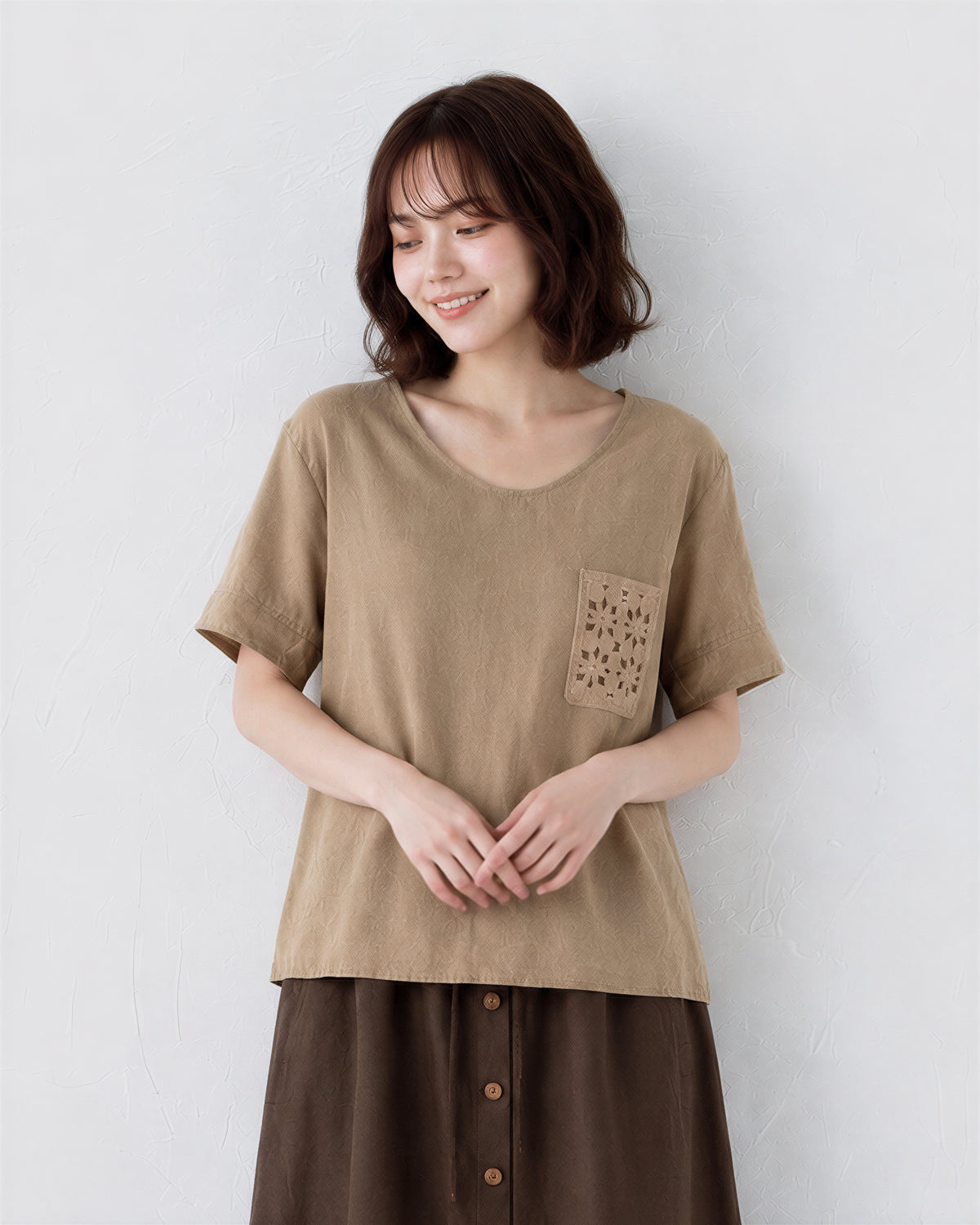 ゆったりVネック 透かしポケット 半袖Tシャツ-ブラウン-FREE