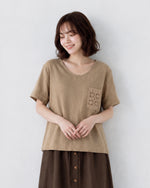 ゆったりVネック 透かしポケット 半袖Tシャツ-ブラウン-FREE