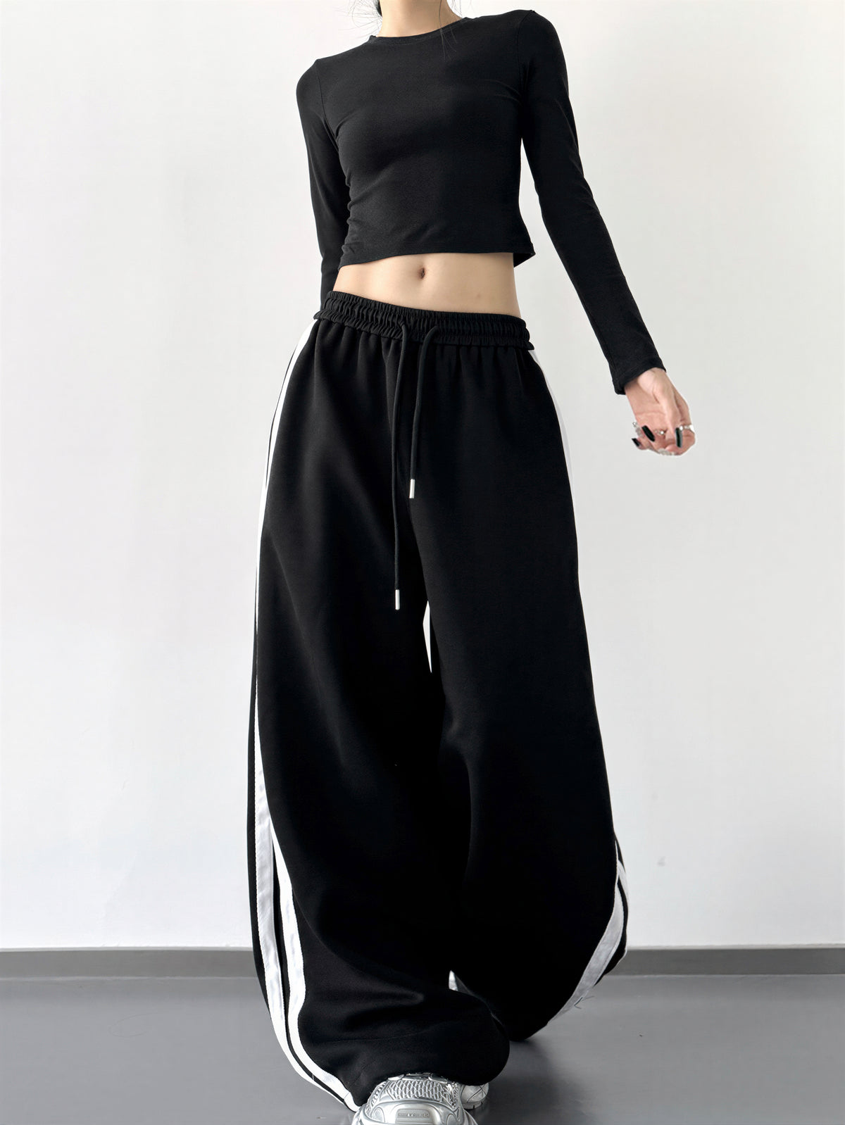 S-XL ドローストリング サイドライン ワイドパンツ