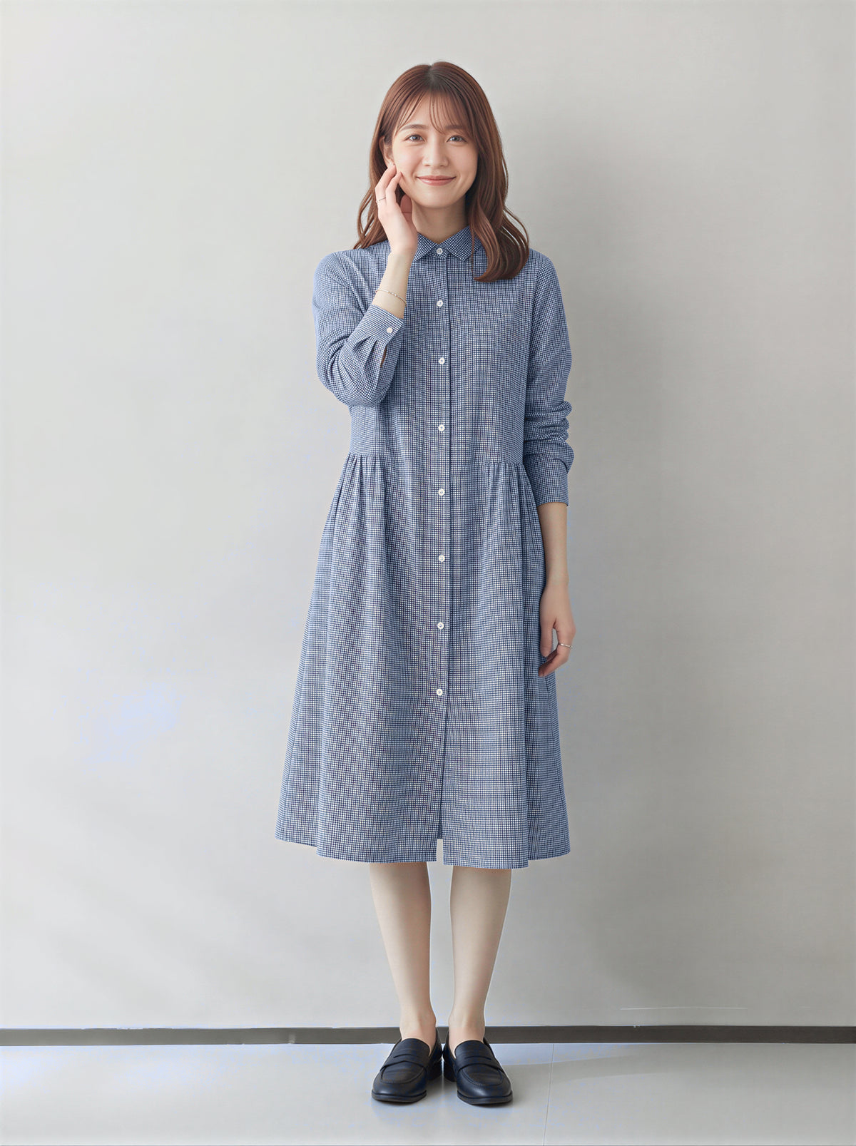 【秋新作】【全2色】M~2XL ゆったりAライン 立体カッティング シャツワンピース