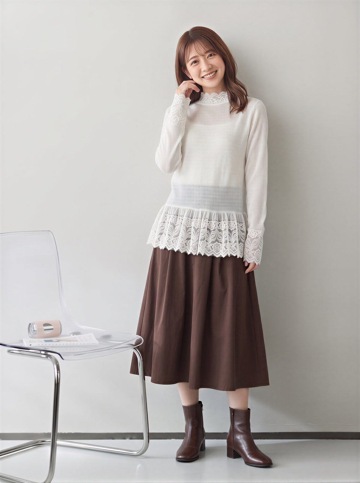 【秋新作】S~XL レース切り替え フリルネック インナー トップス