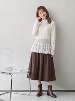 【秋新作】S~XL レース切り替え フリルネック インナー トップス
