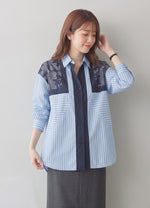 【秋新作】L~4XL 切り替えストライププリントシャツ