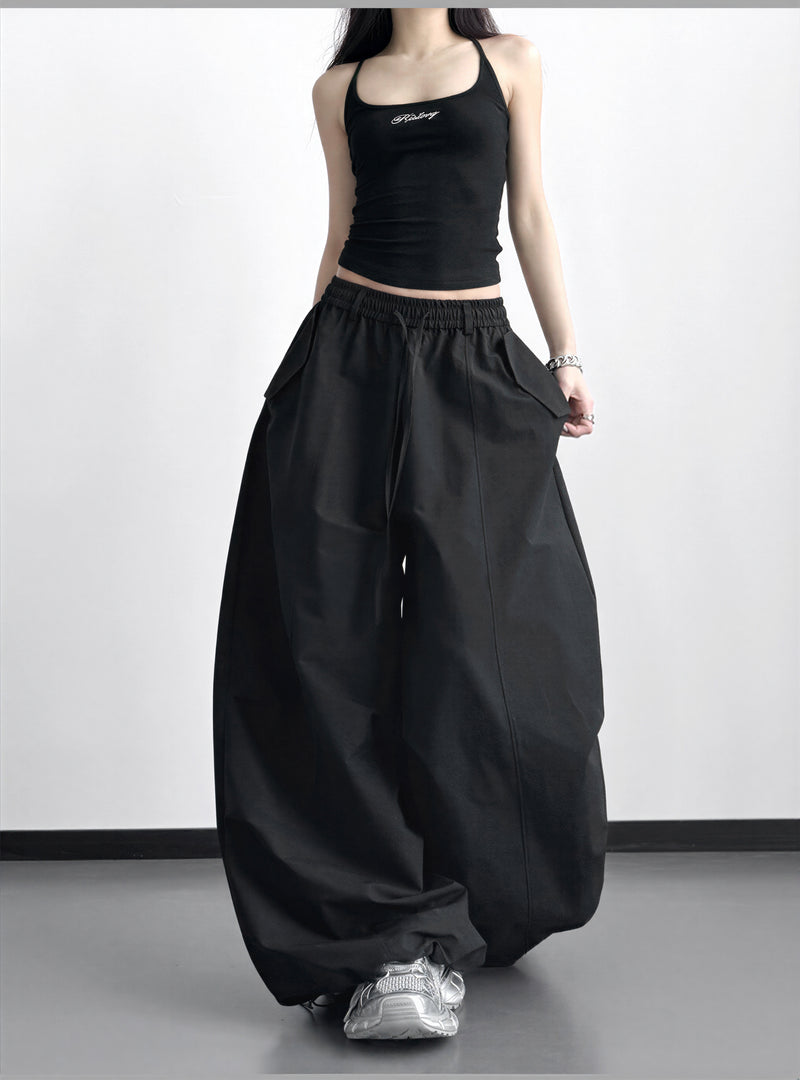 S-XL ドローストリング ボリュームワイドパンツ