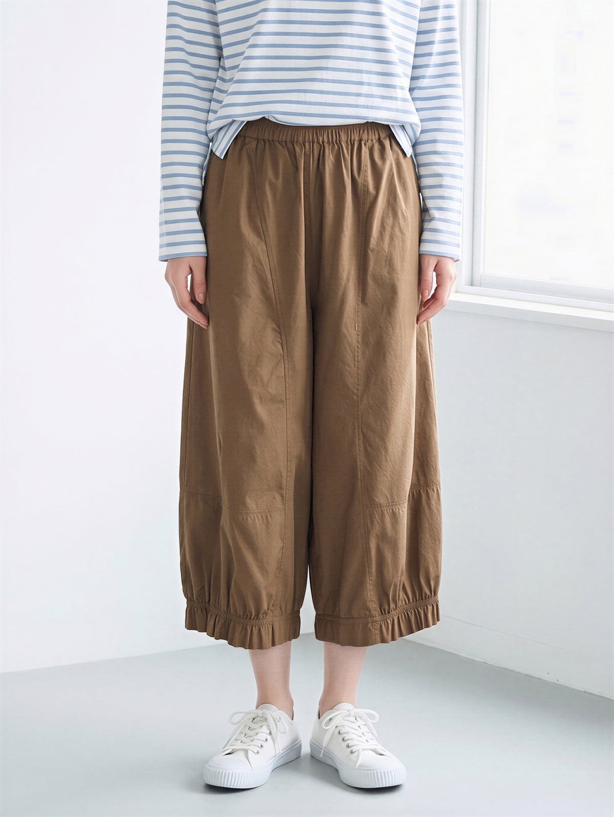ウエストゴム ギャザー ワイドパンツ-ブラウン-2XL