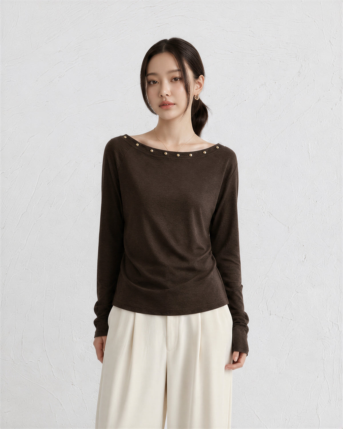 M~4XL ビーズ付きボートネック スリムTシャツ