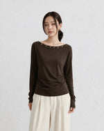 M~4XL ビーズ付きボートネック スリムTシャツ