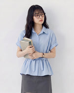 ウエストマークリボン付き 開襟 半袖シャツ-サックス-2XL