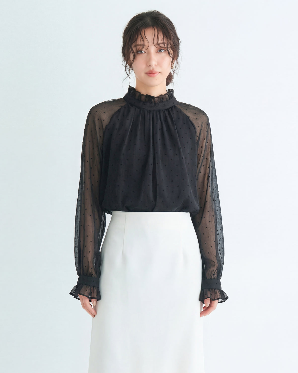 ドット柄シアー切替 スタンドカラー フリルブラウス-ブラック-XL